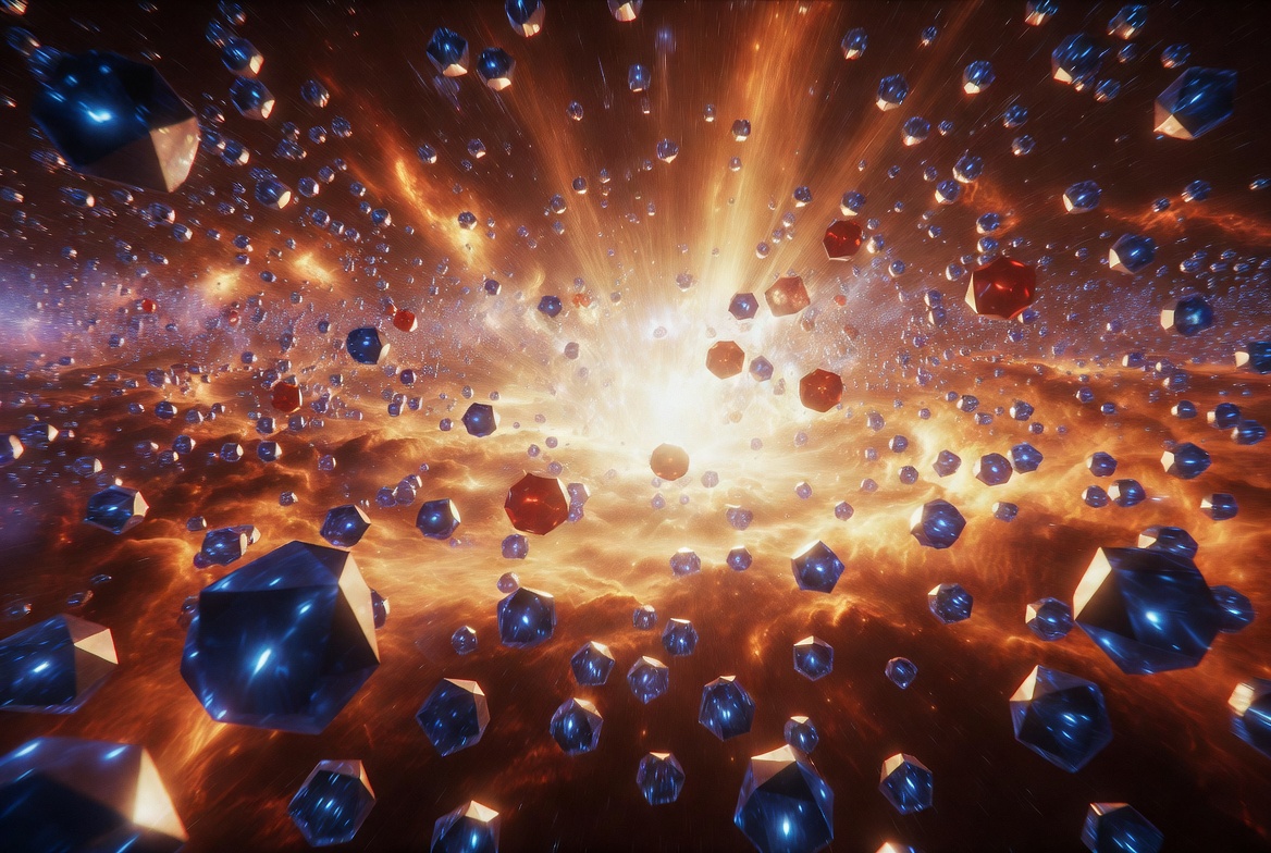 Matter and antimatter crystals streaming from a bright cosmological boot