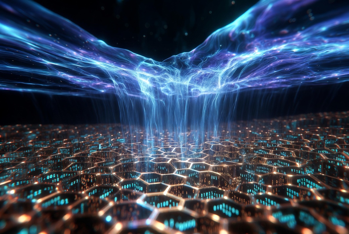 A luminous hexagonal lattice of binary-filled cells with streams of blue light pouring down into it — an artist's impression of the record-keeping substrate.