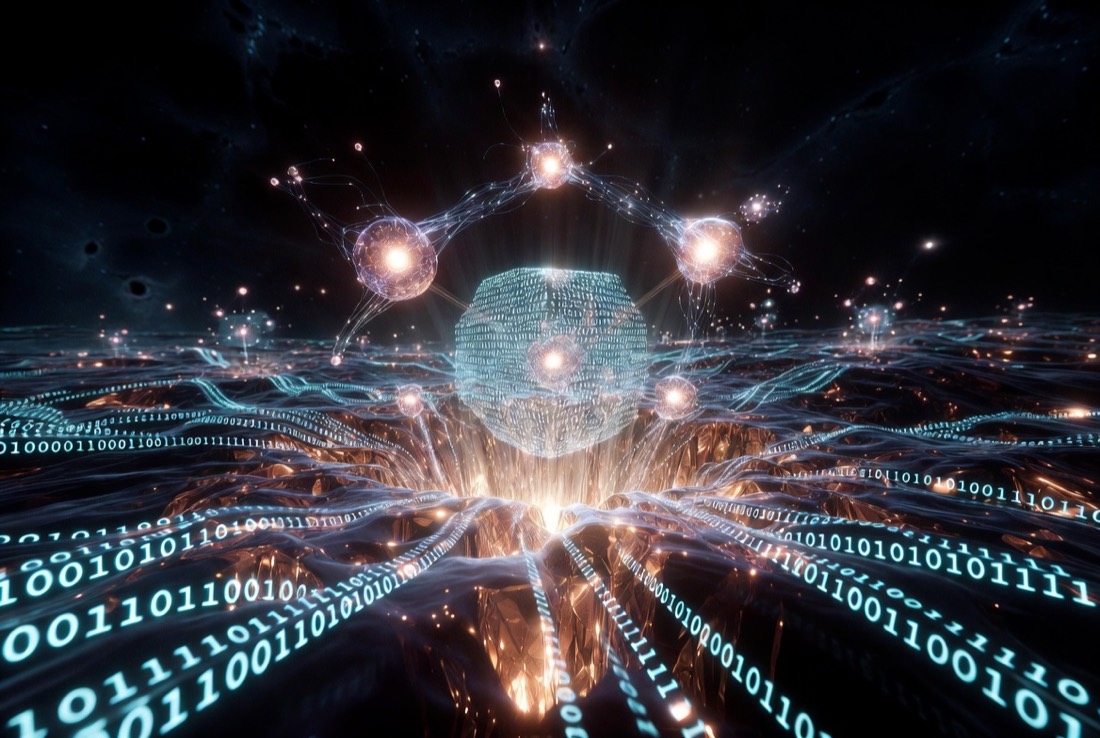 A glowing lattice of linked nodes rising from a landscape of streaming binary code