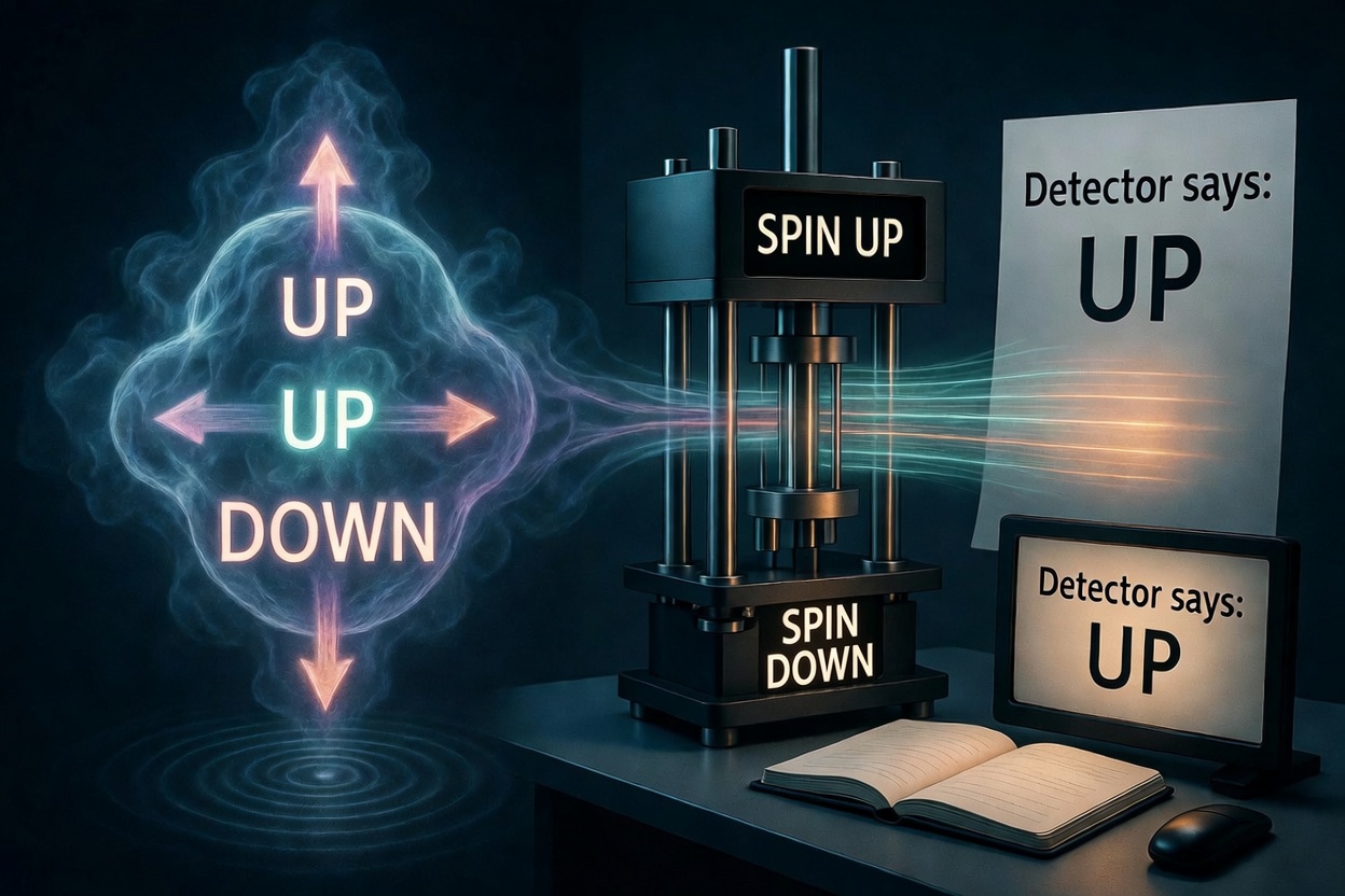 A quantum spin superposition — up, up, down — pressed by a measurement apparatus into a single SPIN UP record, with two detectors reading UP